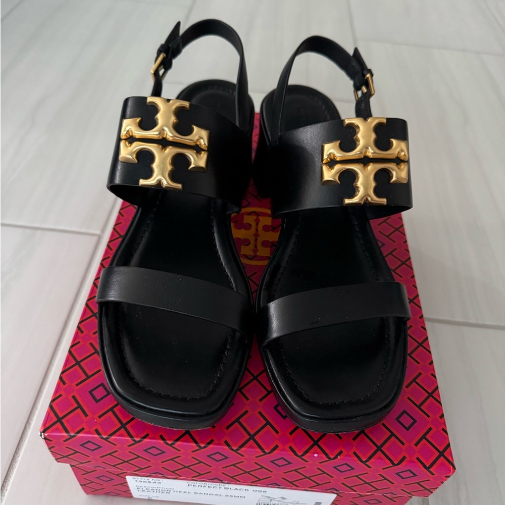 Tory Burch Black Leather Slingback Sandals with Gold Emblem
